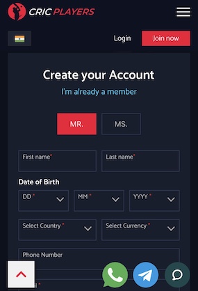 Cricplayers registration page