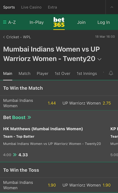 bet365 odds for UPW vs MIW