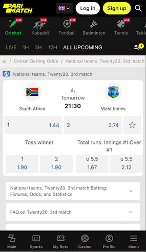 parimatch SA WI odds 3rd test t20