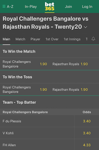 bet365 rcb-rr odds