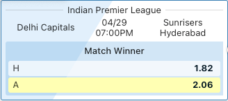 Ekbet odds dc vs srh