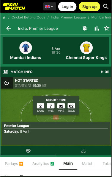 Parimatch odds CSK vs MI